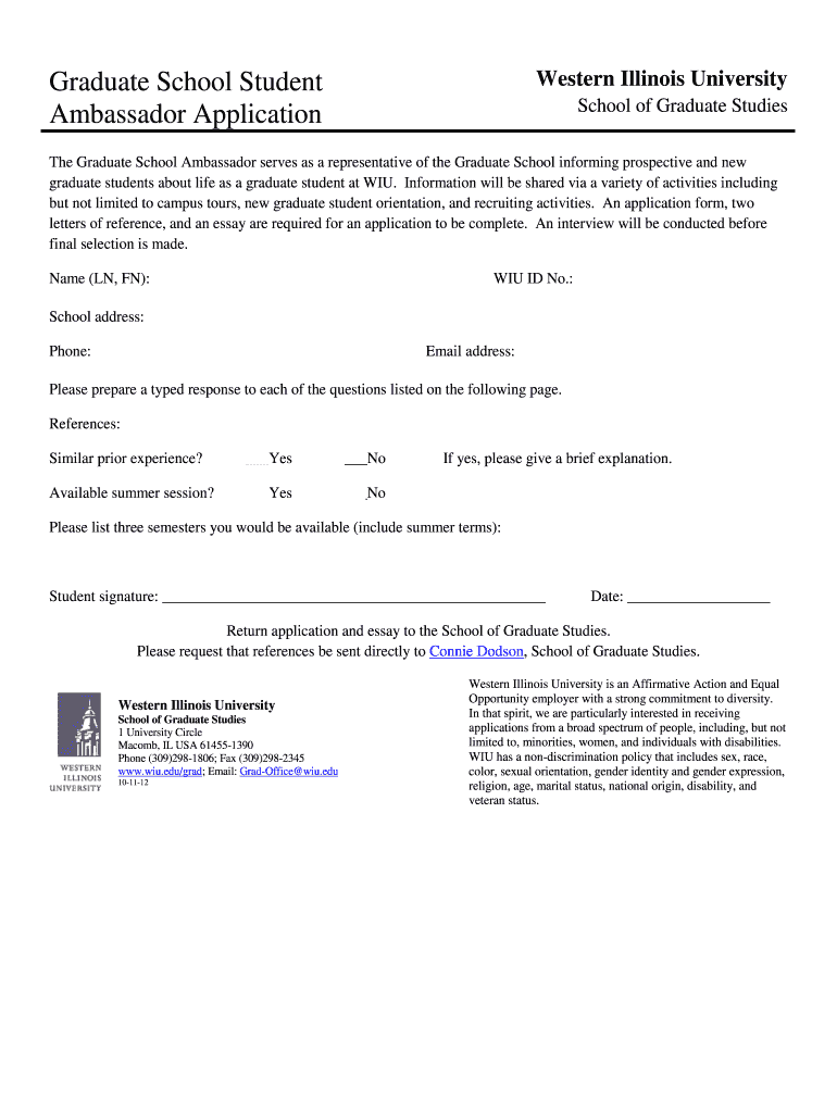 Graduate School Student Ambassador Application Western Illinois Fill