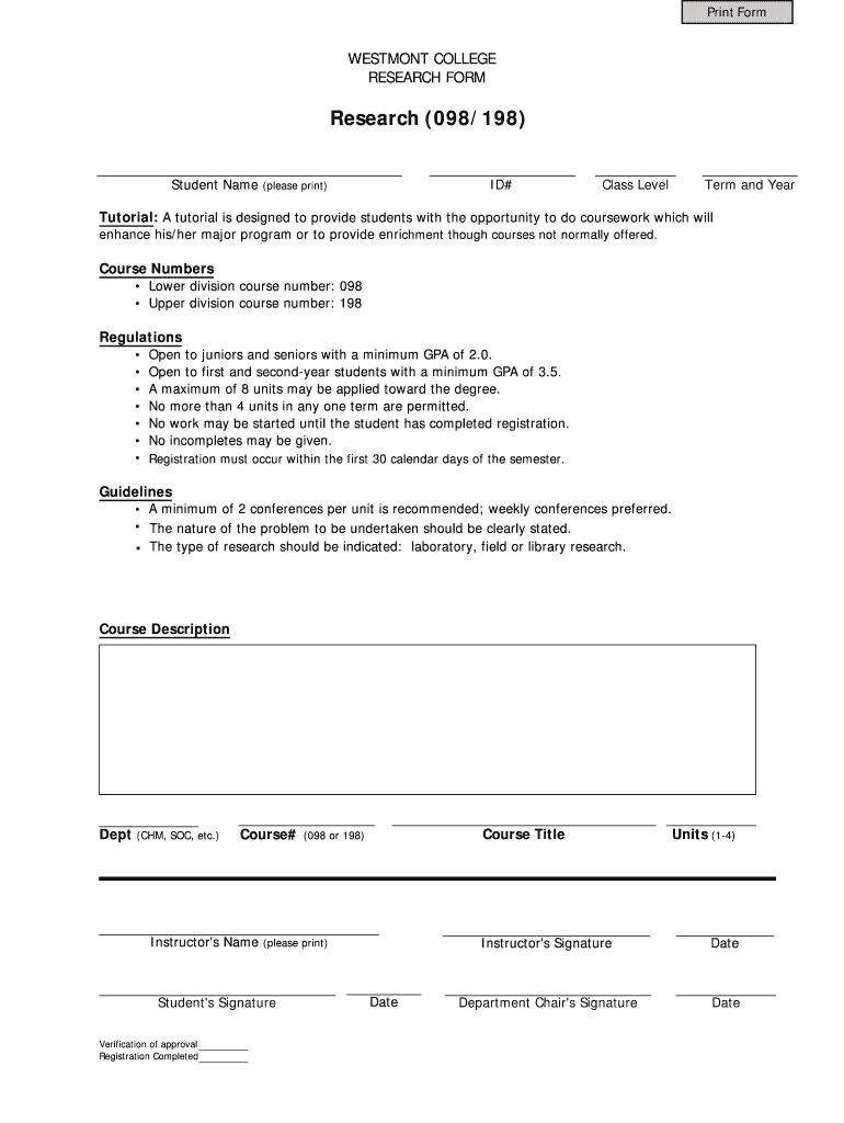 Fillable Online westmont Research (098/198) Westmont College Fax