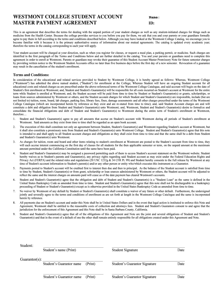 Fillable Online westmont Student Account Master Payment Agreement