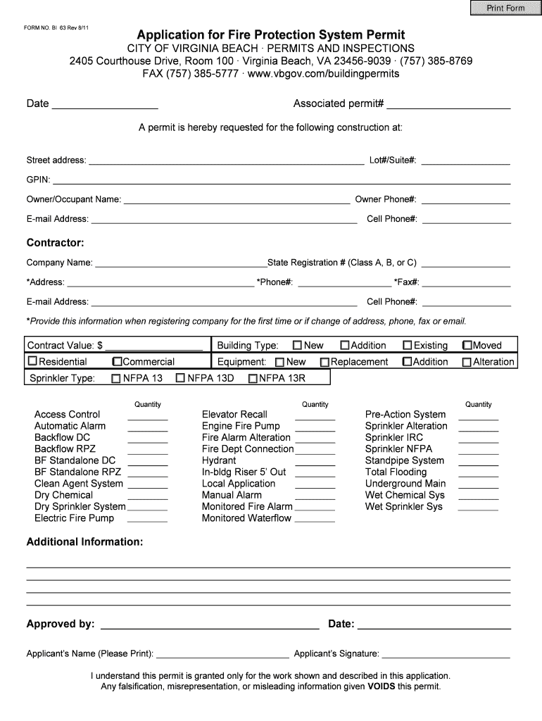 Fillable Online Application for Fire Protection System Permit City of