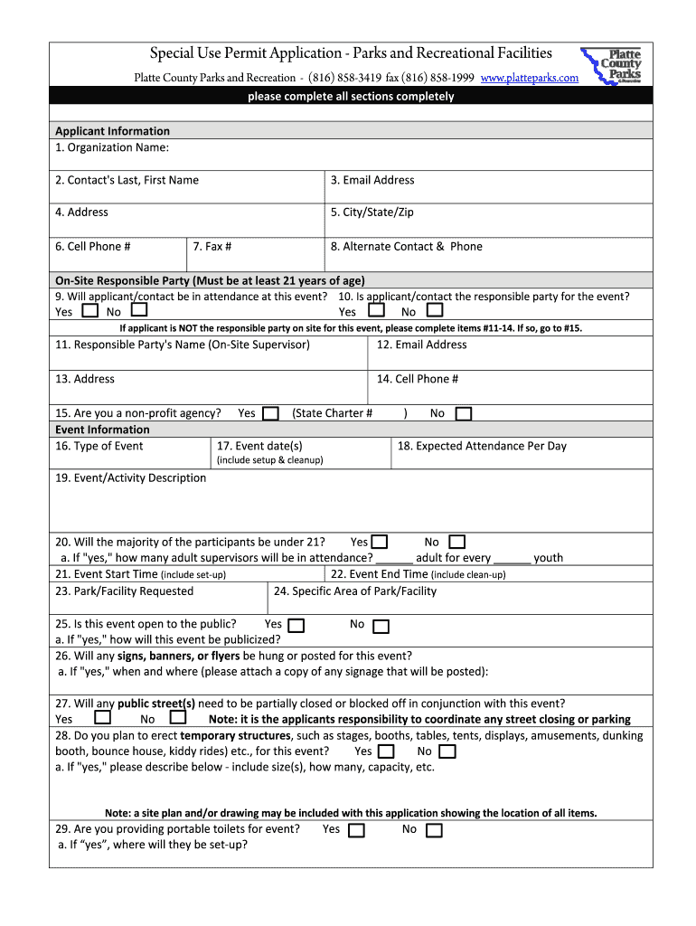 Fillable Online Special Use Permit Application Parks and Recreational