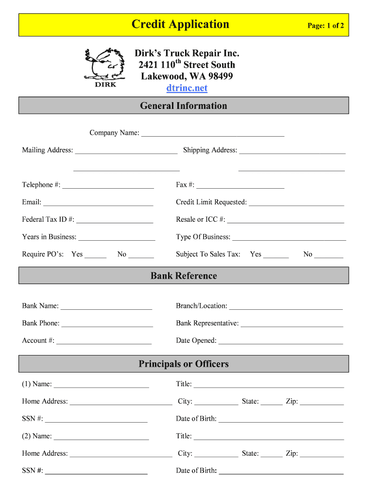 Fillable Online Credit Application for Dirk's Truck Repair Inc. Fax