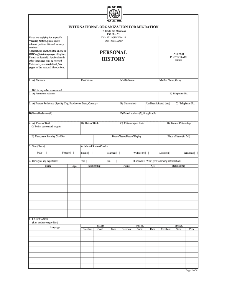 Iom Personal History Form Fill Online, Printable, Fillable, Blank