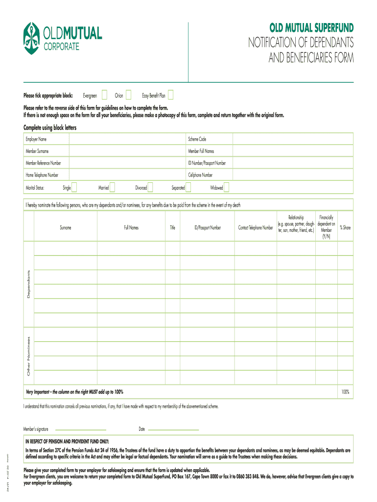 Old Mutual Notification of Dependants and Beneficiaries Form 2014