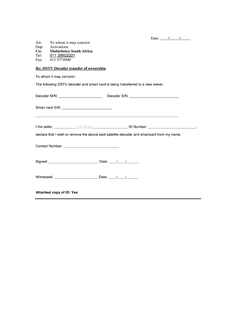 Dstv Change Of Ownership Fill Online, Printable, Fillable, Blank