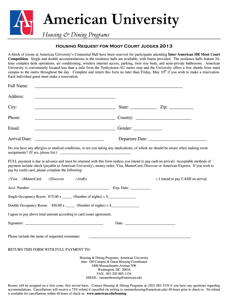 Fillable Online wcl american American University Housing & wcl