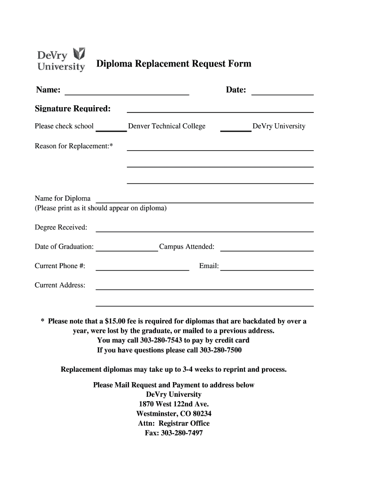 DeVry University Diploma Replacement Request Form Fill and Sign