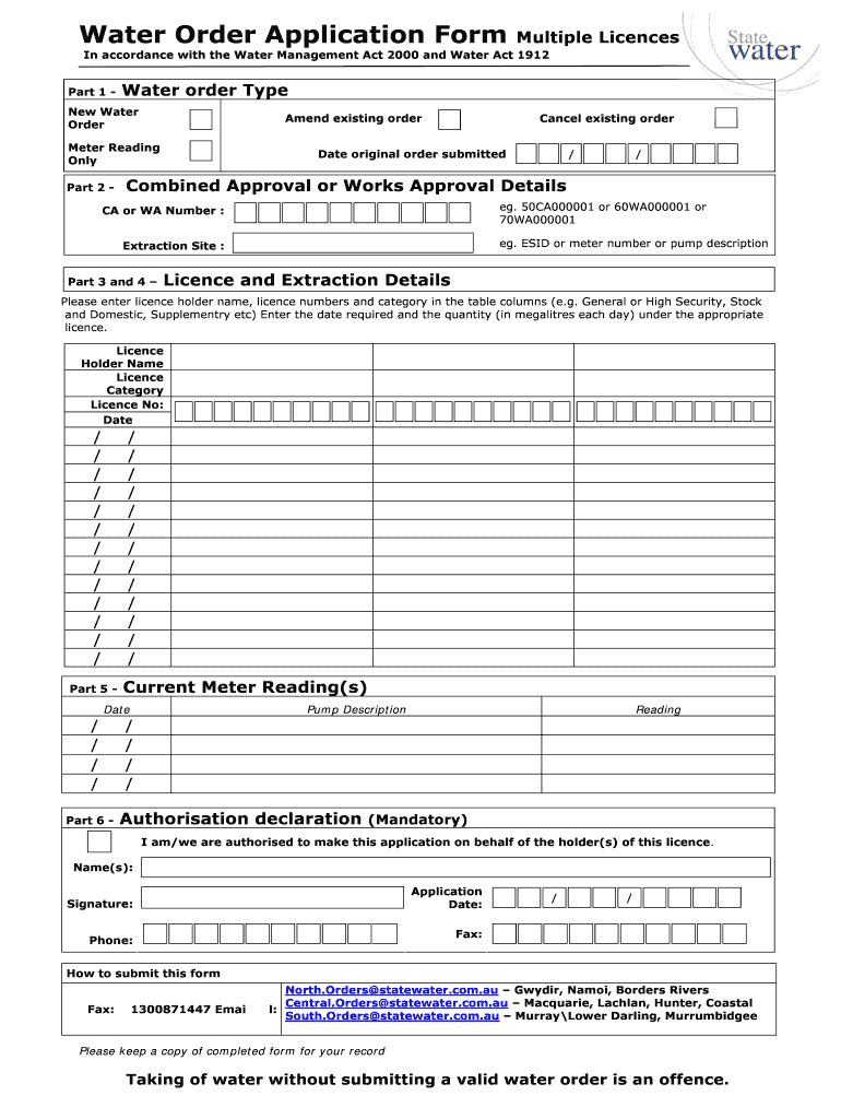 Fillable Online Water Order Application Form Multiple Licences State
