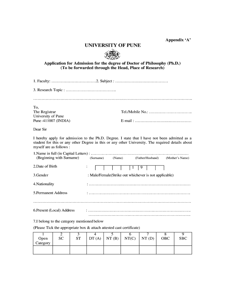 Fillable Online unipune ac Download Application Form for Ph .D University of Pune unipune ac