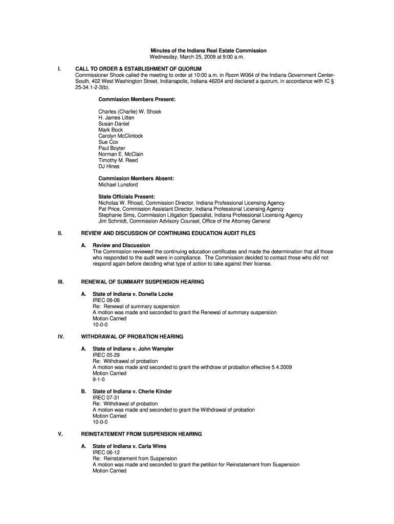 Fillable Online in Minutes of the Indiana Real Estate Commission