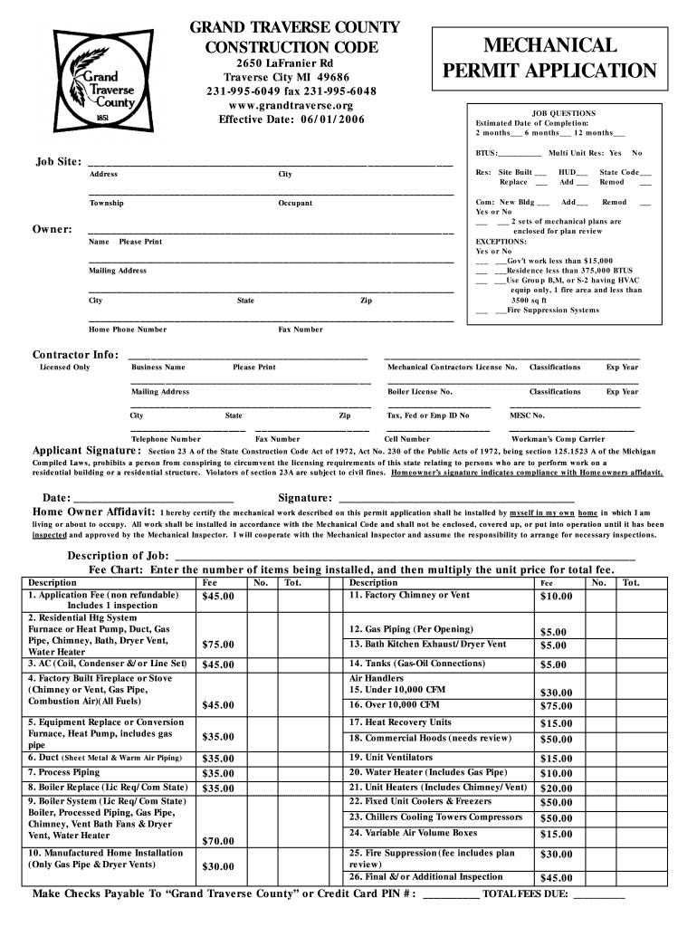 Grand Traverse Mechanical Permit Fill Online, Printable, Fillable