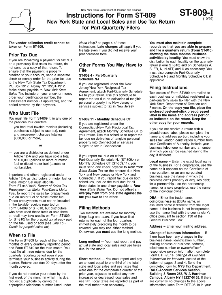 Fillable Online tax ny Form ST809I October 1999, Instructions for Form ST809, ST809I tax
