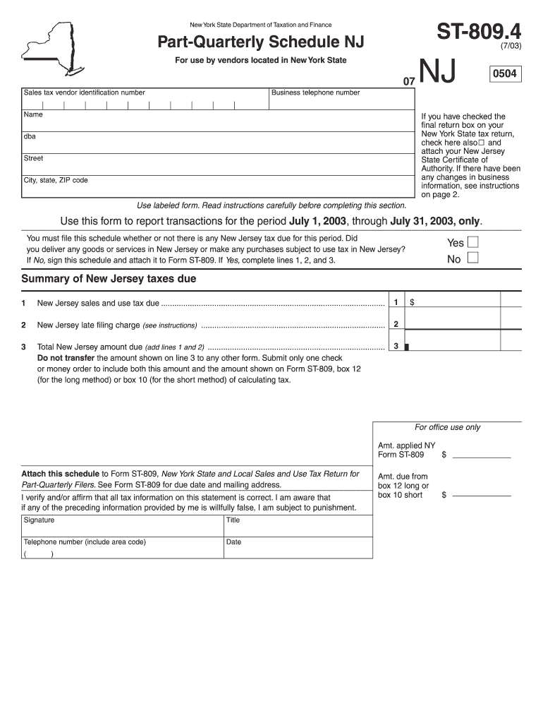 4 PartQuarterly Schedule NJ (7/03) For use by vendors located in New