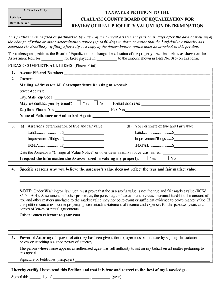Fillable Online clallam Review of Real Property Valuation Determination