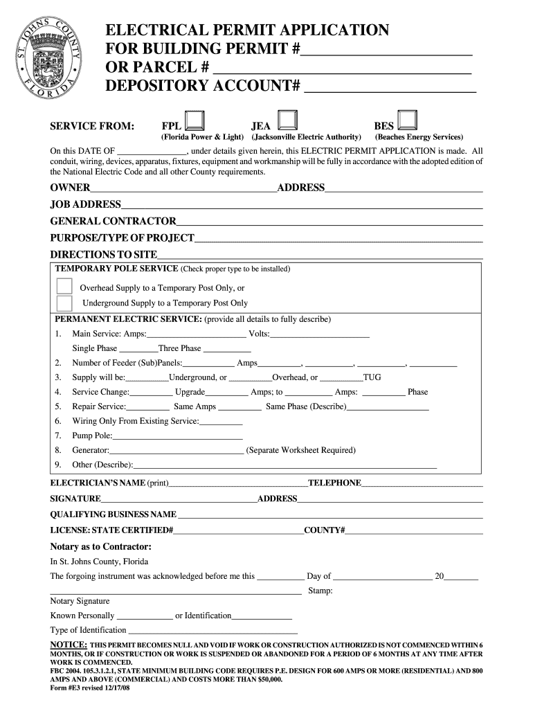 Fillable Online co stjohns fl Electrical permit application for