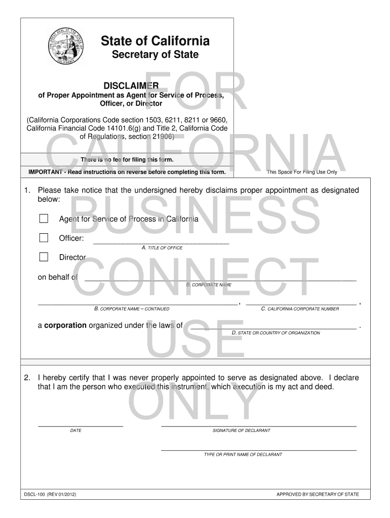 Fillable Online sos ca Form DSCL100 California Secretary of State