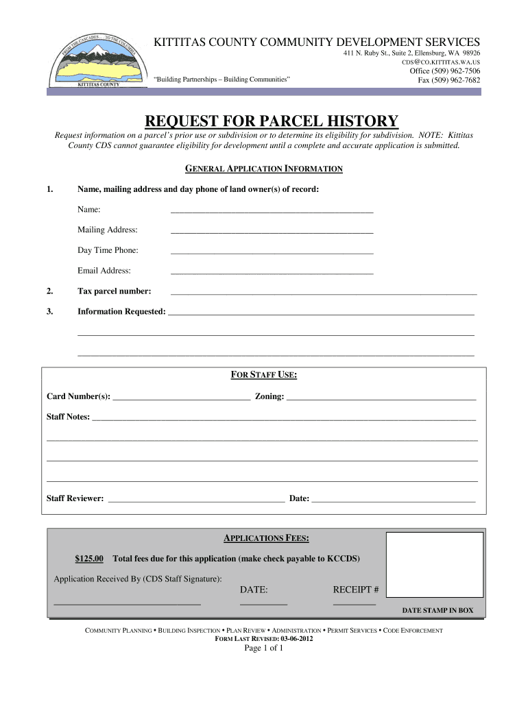 Fillable Online co kittitas wa Request for Parcel History Kittitas