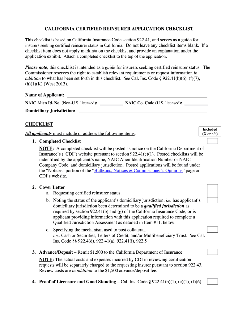 Fillable Online insurance ca Certified Reinsurer Application