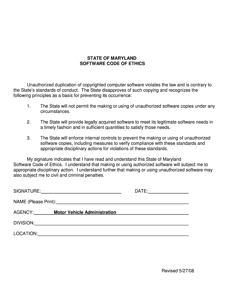 Fillable Online mva maryland STATE OF MARYLAND SOFTWARE CODE OF ETHICS