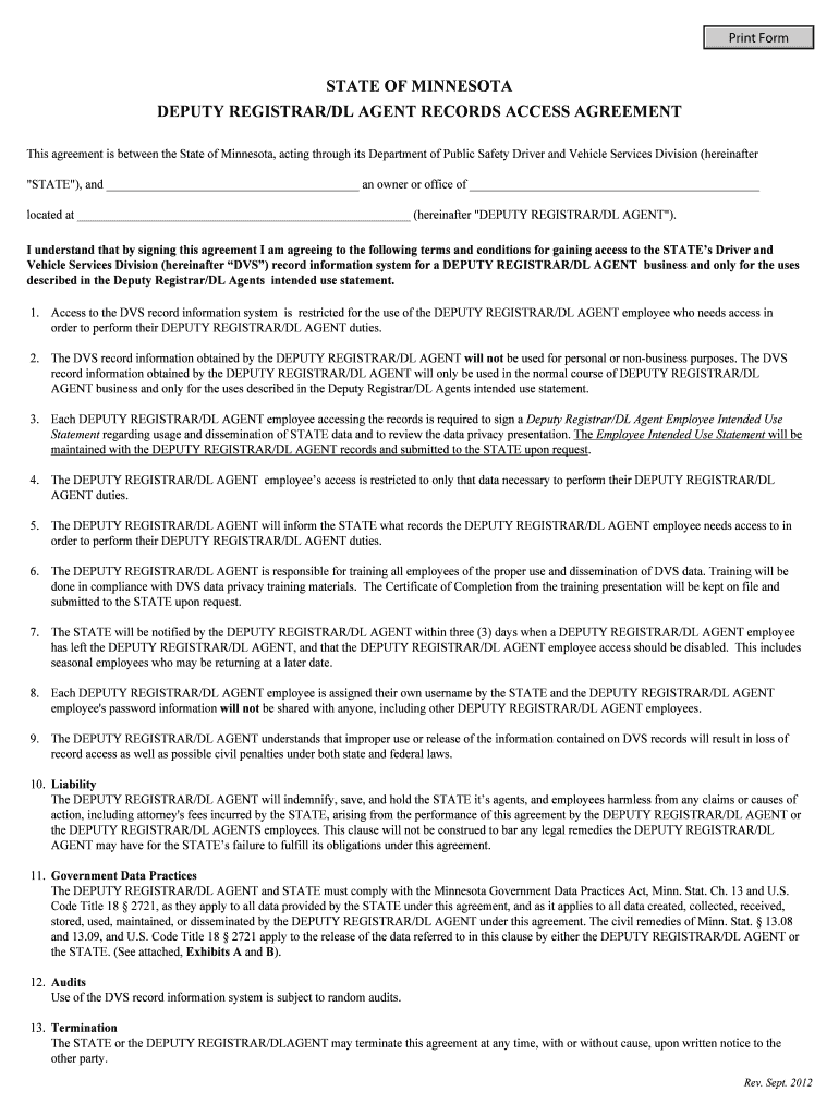 Fillable Online dps mn State of minnesota deputy registrar/dl agent