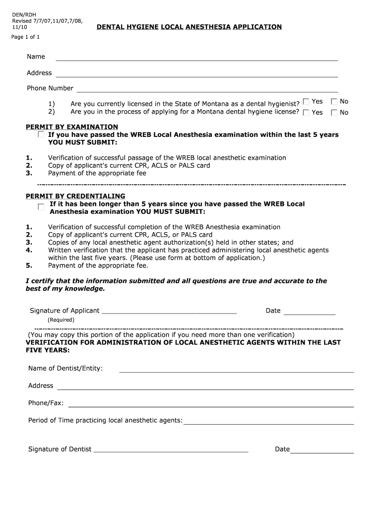 Fillable Online bsd dli mt DENTAL HYGIENE LOCAL ANESTHESIA APPLICATION