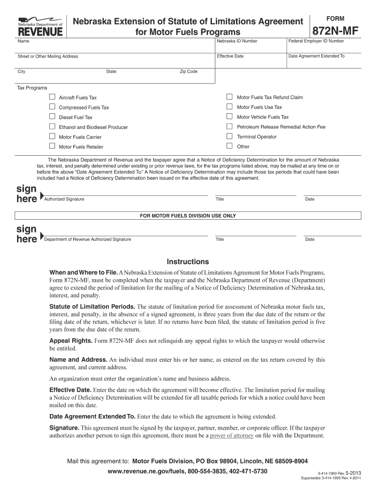 Fillable Online revenue ne Form 872NMF, Nebraska Extension of Statute