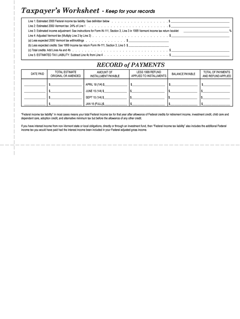 Fillable Online state vt Taxpayers Worksheet Keep for your records