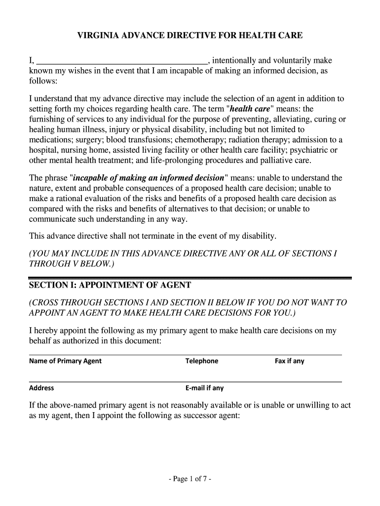 Fillable Online vsb 2012 Virginia Advance Directive Statutory Form