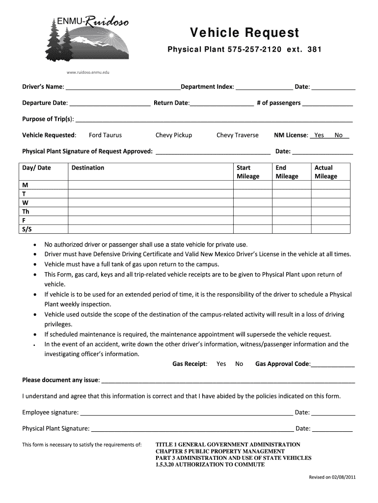 Fillable Online ruidoso enmu Vehicle Request ruidoso enmu Fax Email