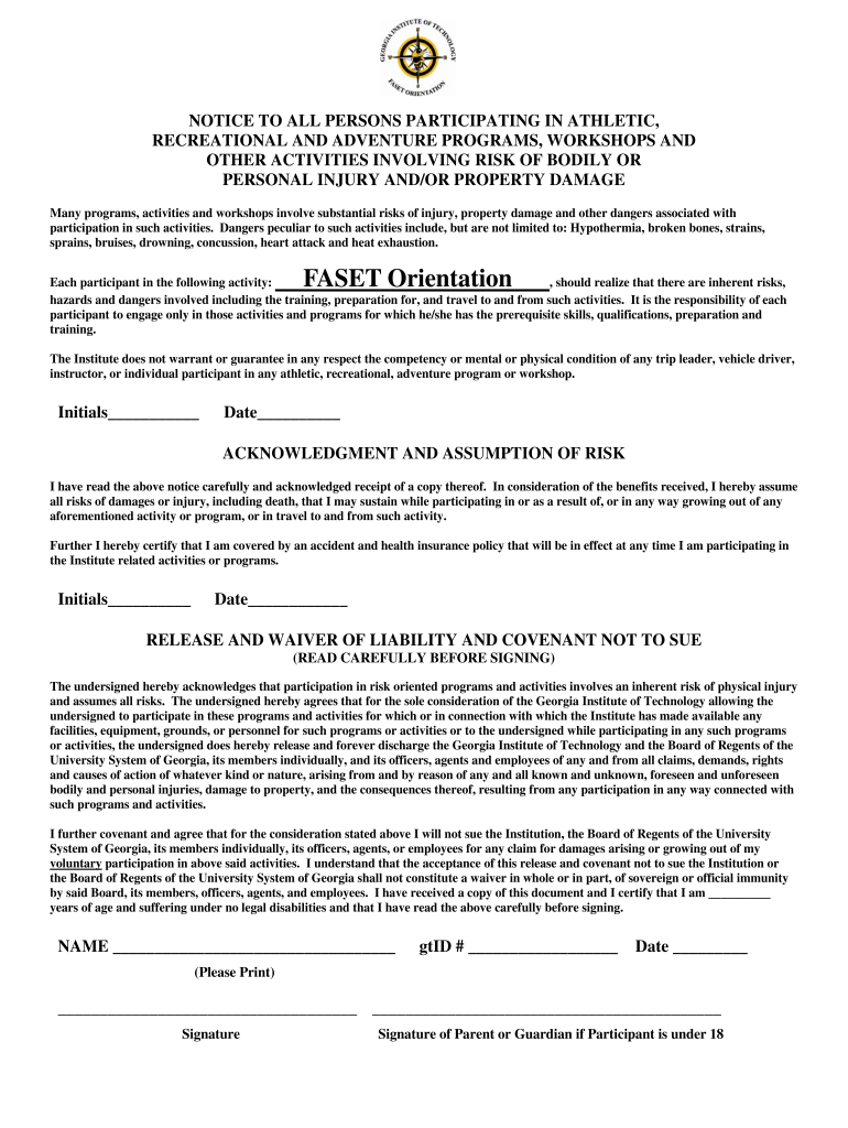 Institute of Technology FASET Waiver Form Fill and Sign