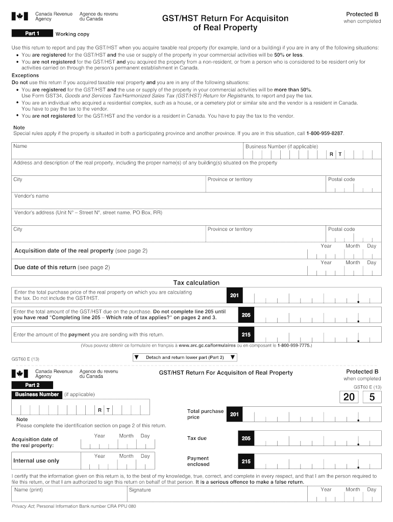 Fillable Online craarc gc GST/HST Return For Acquisiton Of Real