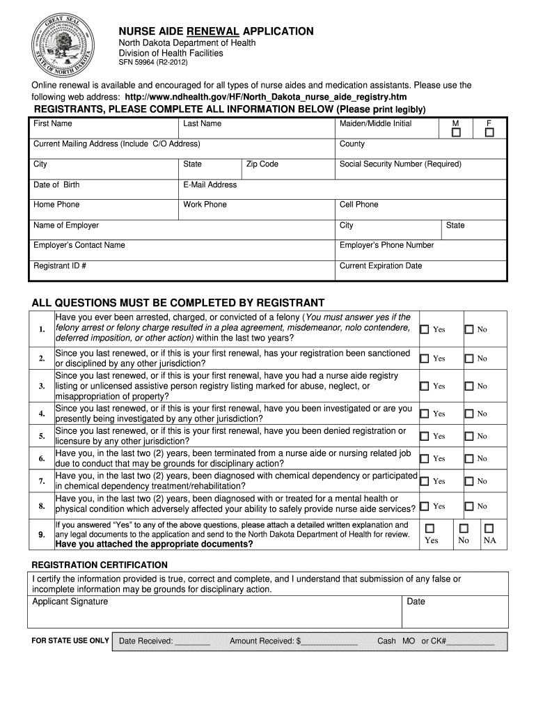 Fillable Online ndhealth (NA) Renewal Application North Dakota