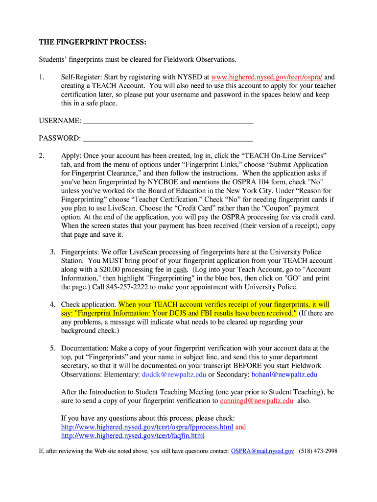 Fillable Online newpaltz FINGERPRINT PROCESS New Paltz newpaltz Fax Email Print pdfFiller