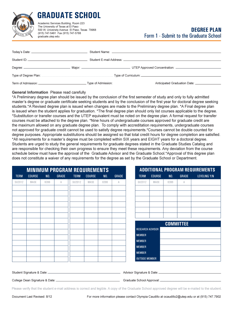 Fillable Online graduate utep Form 1 Degree Plan Graduate School
