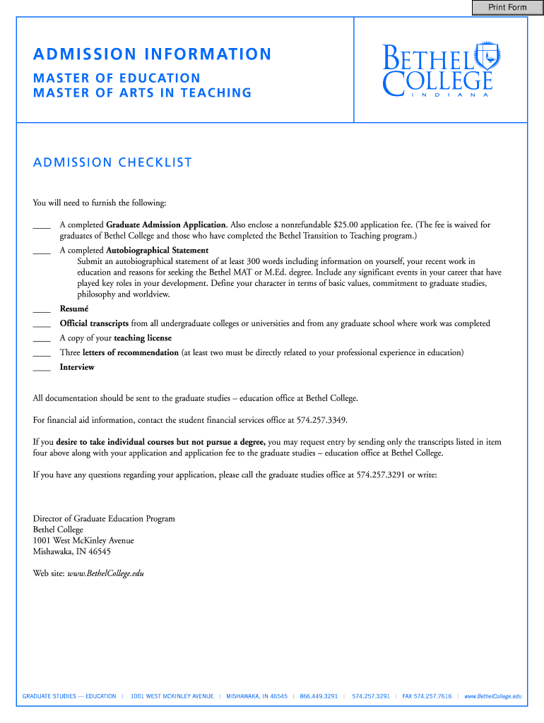 Fillable Online bethelcollege Application Check list Bethel College