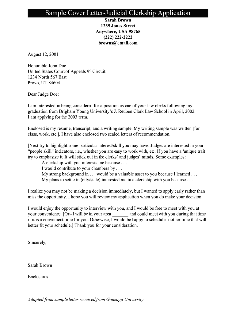 Fillable Online law2 byu Sample Cover LetterJudicial Clerkship