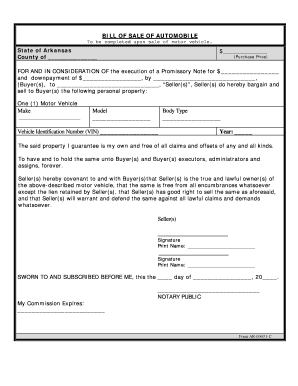 Arkansas Vehicle Bill Of Sale Form Templates - Fillable & Printable
