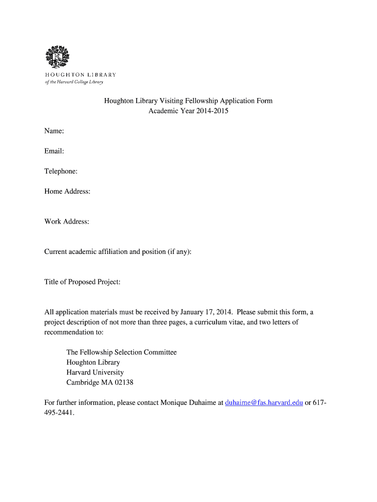 Fillable Online hcl harvard Application Form Harvard College Library