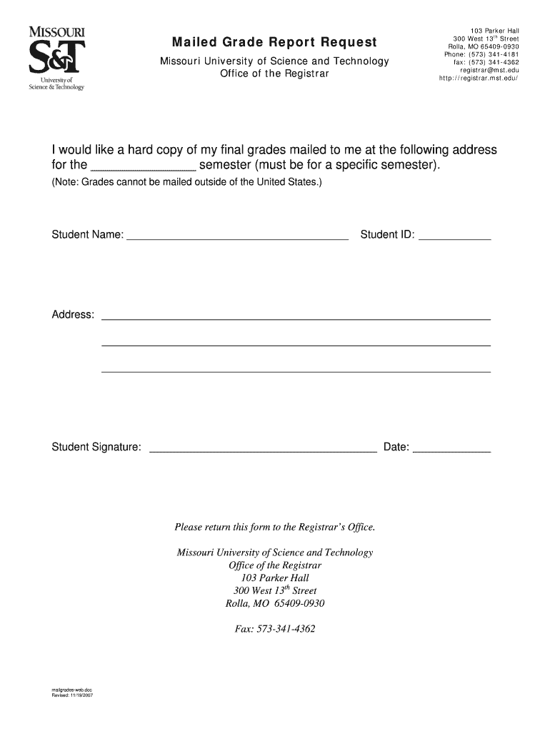 Fillable Online registrar mst Request to Mail Grades Form Registrar Missouri University of