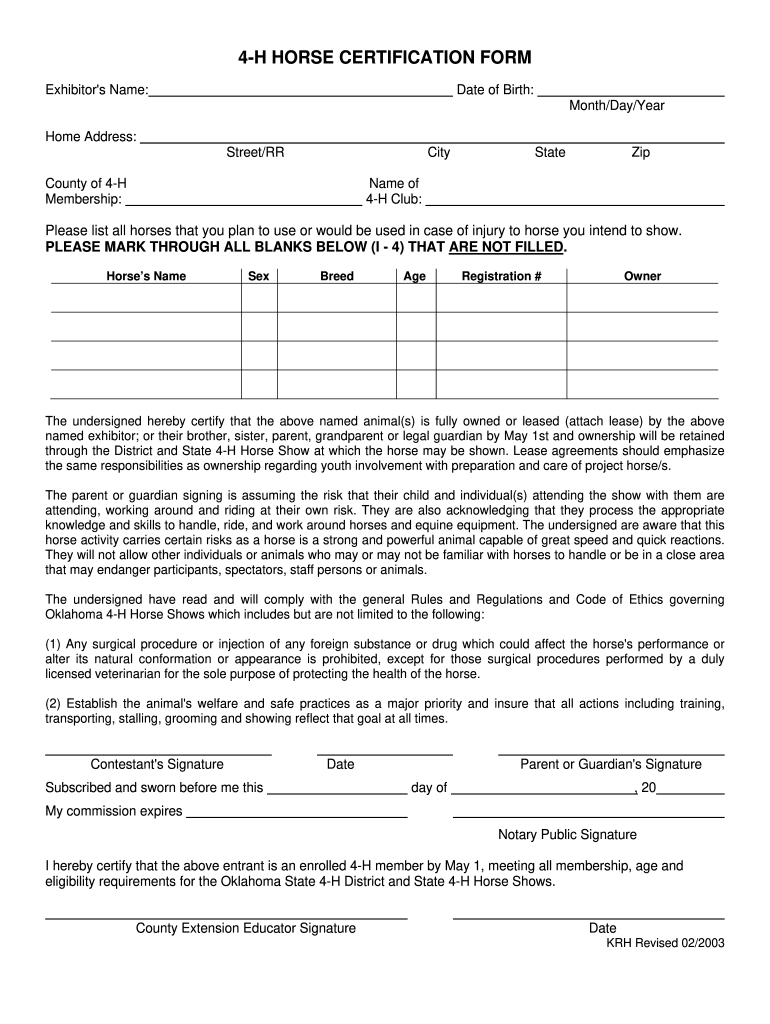 4H Horse Certification Form 20032021 Fill and Sign Printable