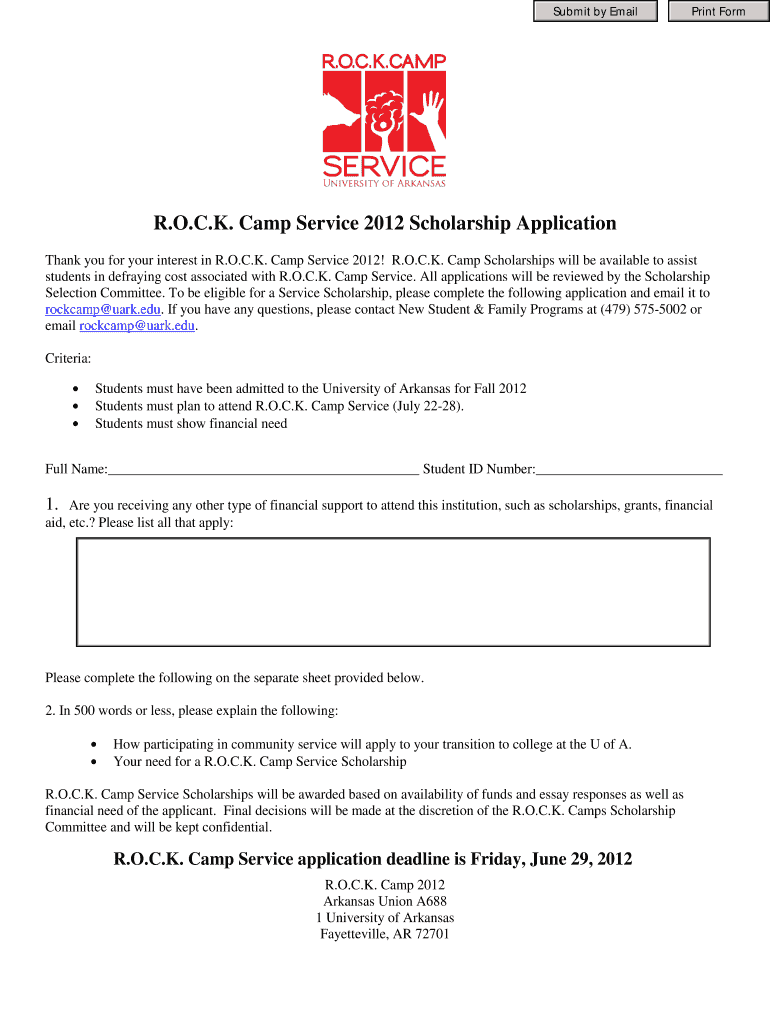 Fillable Online rockcampservice uark R.O.C.K. Camp Service 2012