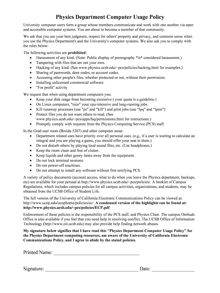 Fillable Online web physics ucsb Physics Department Computer Usage Policy Department of