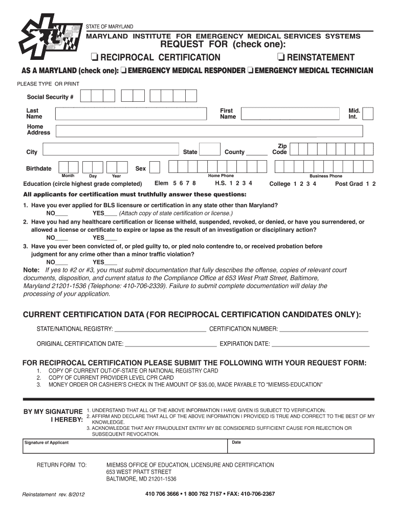 Fillable Online miemss umaryland Application for Reinstatement