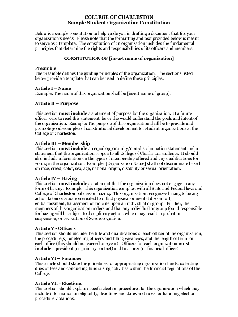 Fillable Online Below is a sample constitution to help guide you in