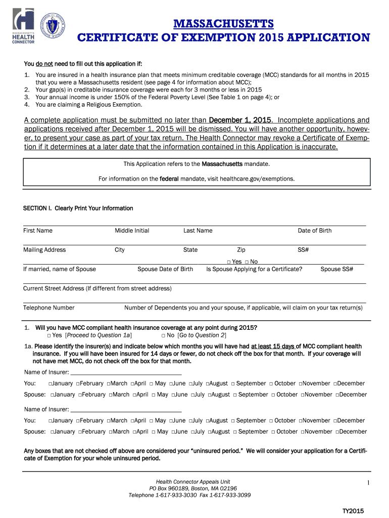 Fillable Online Massachusetts bcertificateb of exemption 2015 application Fax Email Print