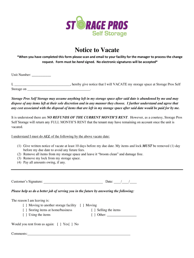 Fillable Online Notice to Vacate Storage Pros Self Storage Units Fax