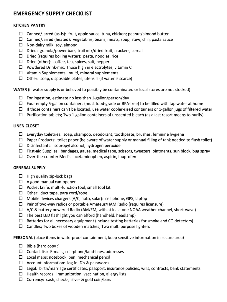 Fillable Online ihopeg Emergency Supply Checklist Fax Email