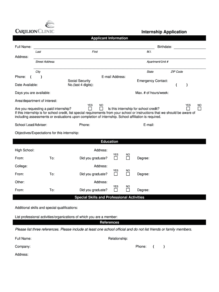 Carilion Clinic Internship Application Fill and Sign Printable