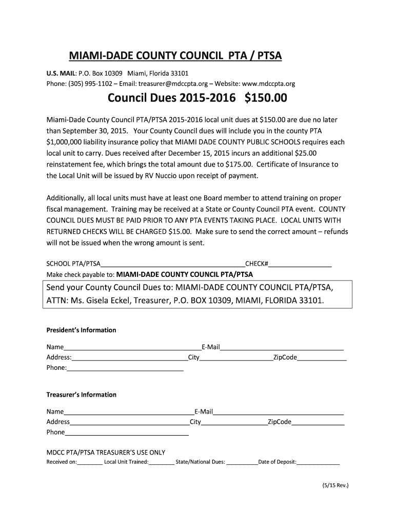FL MiamiDade County Council PTA/PTSA Council Dues 2015 Fill and Sign Printable Template
