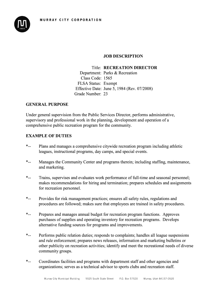 Fillable Online murray utah JOB DESCRIPTION RECREATION DIRECTOR